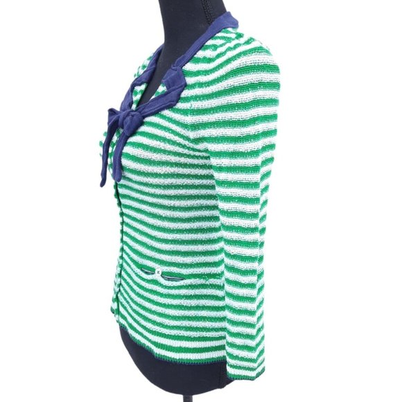 Anthropologie HWR Green White Striped Puff Sleeve Navy Blue Tie Neck Cardigan XS - Picture 4 of 11